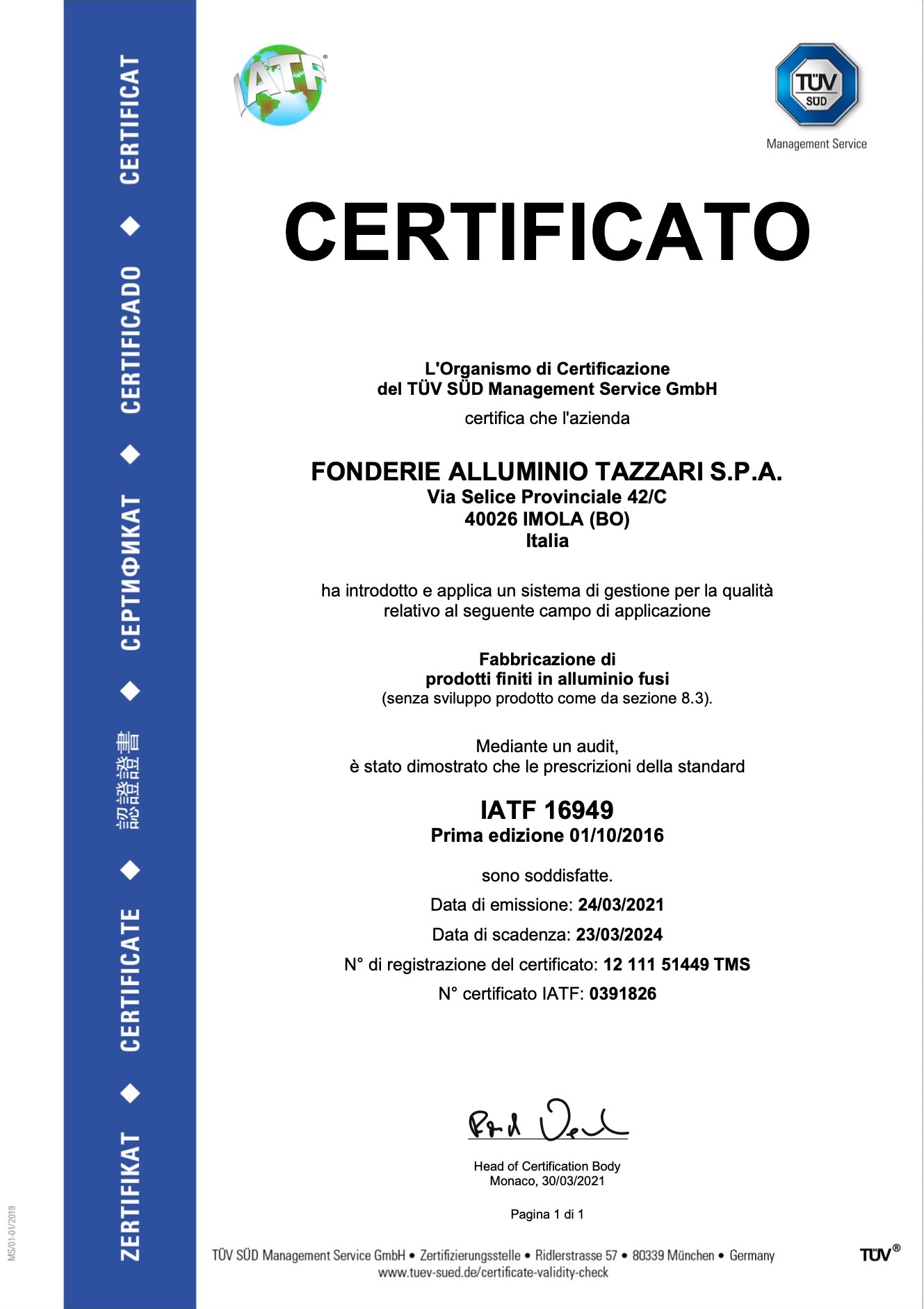 Certificato IATF 16949